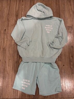 Women's Light Blue Graphic Hoodie & Shorts Set
